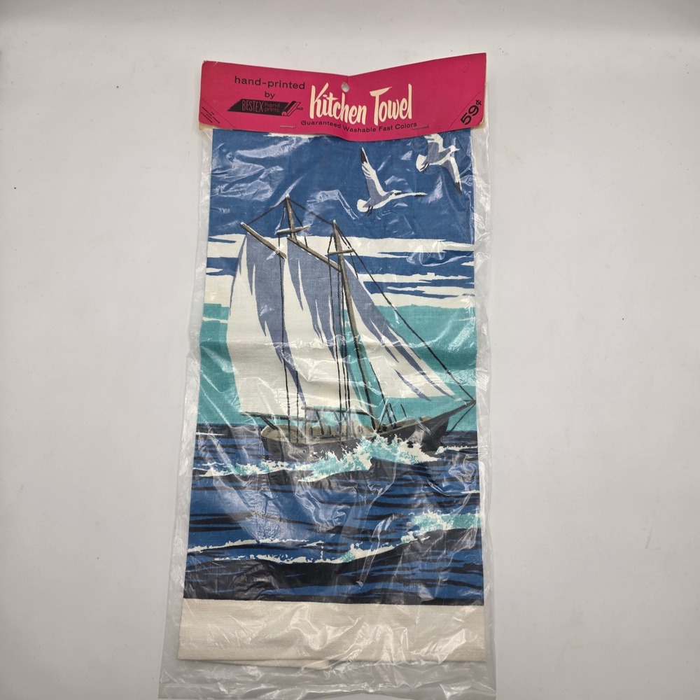 Kitchen Towel Vintage‎ MCM Coastal Blue Sailboat Lighthouse Beach Decor NOS